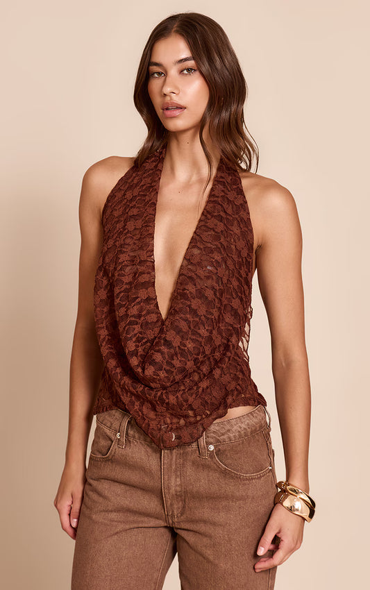 Chocolate Textured Lace Halter Neck Top