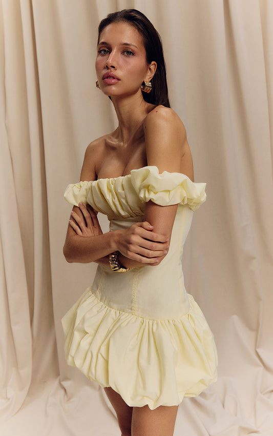 Lemon Ruched Bardot Puff Hem Bodycon Dress