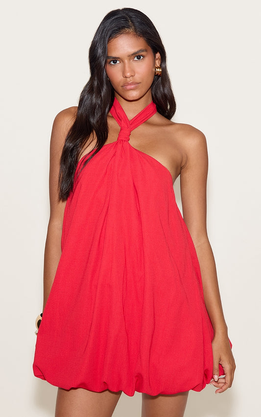 Red Halterneck Puffball Mini Dress