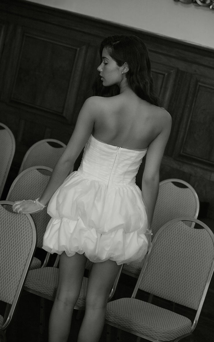 Premium White Tulle Layered Corset Puffball Hem Bodycon Dress