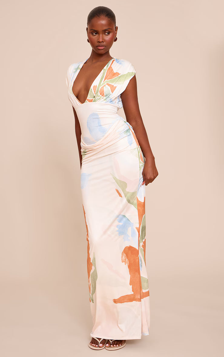 Cream Printed Double Layer Plunge Ruched Shoulder Drape Waist Maxi Dress