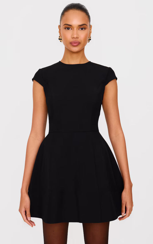 Black Cap Sleeve Mini Curved Shift Dress