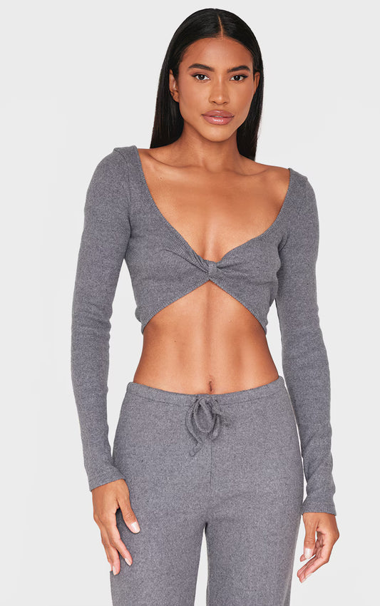 Charcoal Brushed Rib Twist Front Long Sleeve Bardot Top