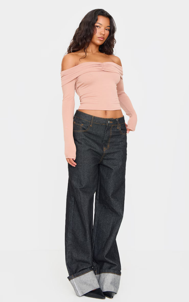 Stone Contour Jersey Ruched Foldover Bardot Crop Top