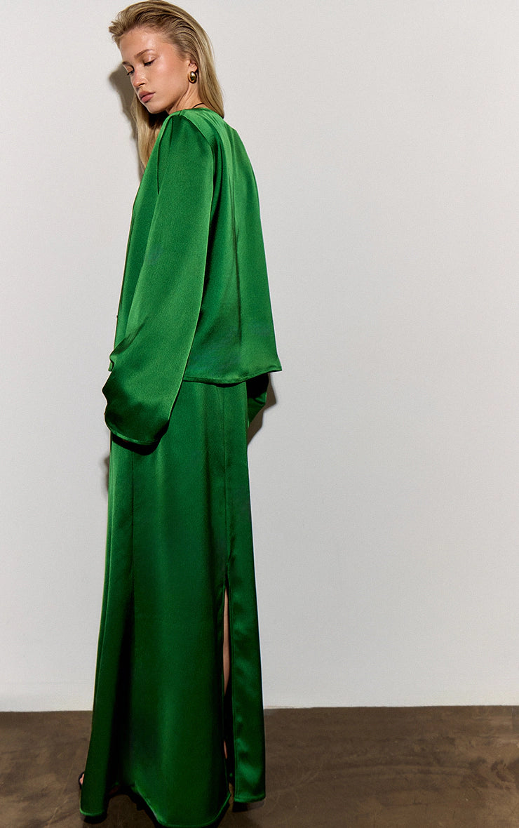 Green Satin Fishtail Midaxi Skirt