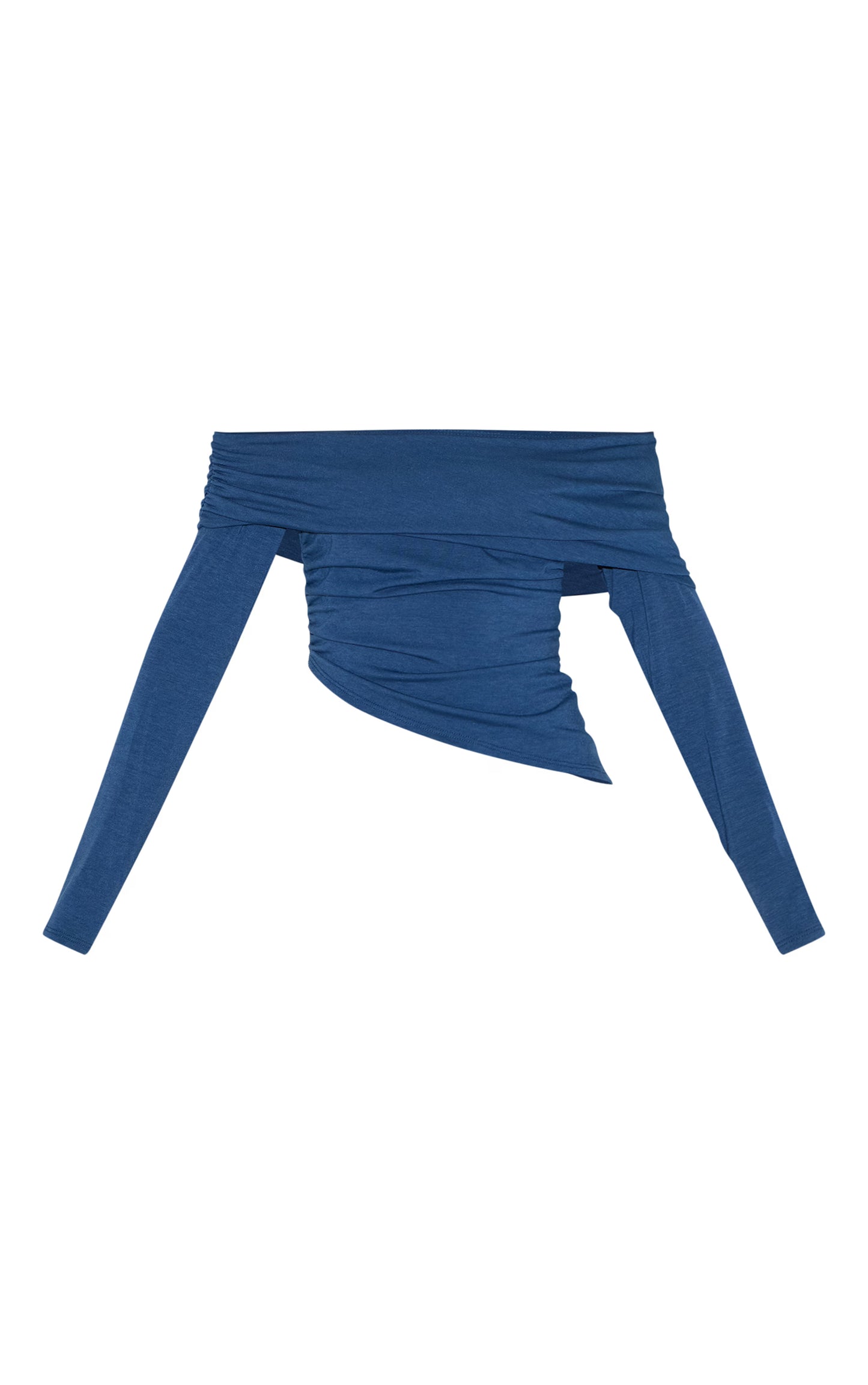 Petrol Blue Contour Jersey Fold Over Detail Bardot Long Sleeve Top
