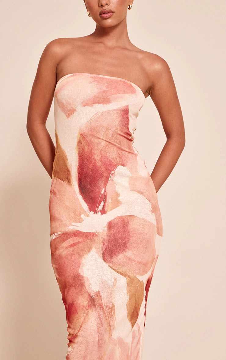Pink Floral Abstract Printed Onion Skin Bandeau Maxi Dress