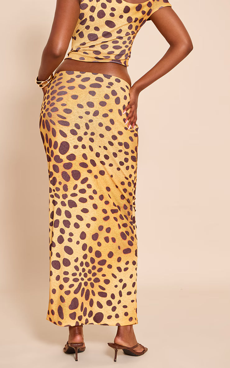 Yellow Leopard Print Onion Skin Low Rise Maxi Skirt