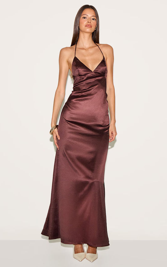 Chocolate Satin Lace Up Back Maxi Slip Dress