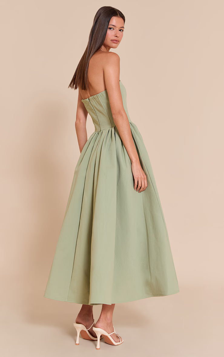 Sage Woven Bandeau Ruched Skater Midaxi Dress