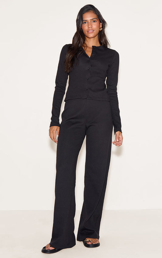 Black Mid Rise Ribbed Wide Leg Pant