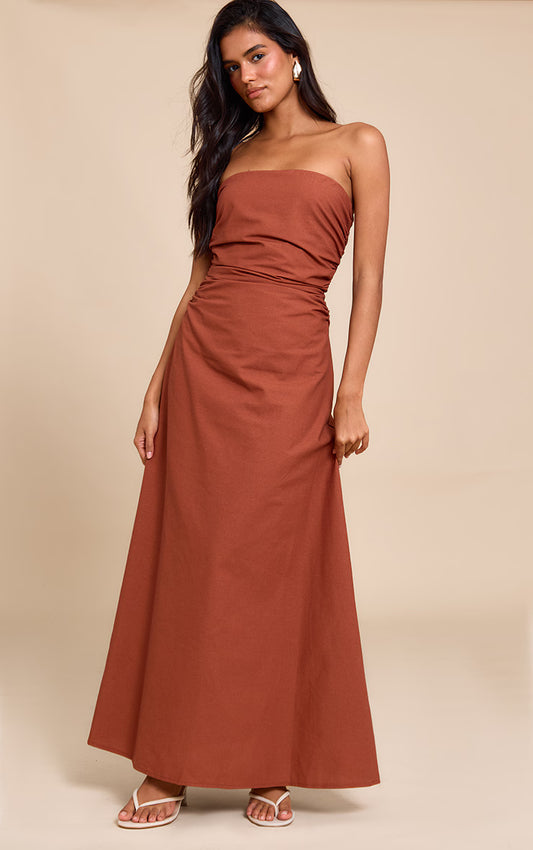 Rust Bandeau Ruched Waist Detail Maxi Dress