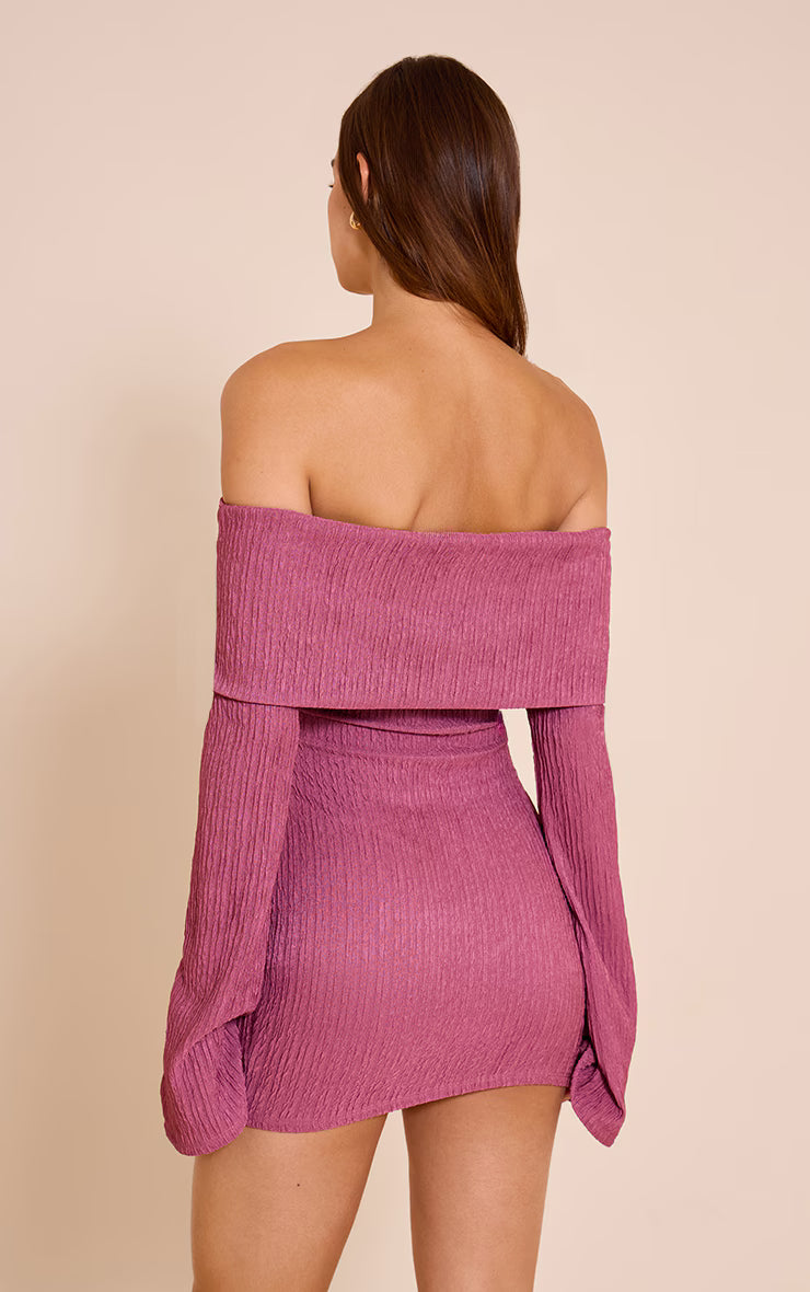 Mauve Textured Bardot Long Sleeve Bodycon Dress