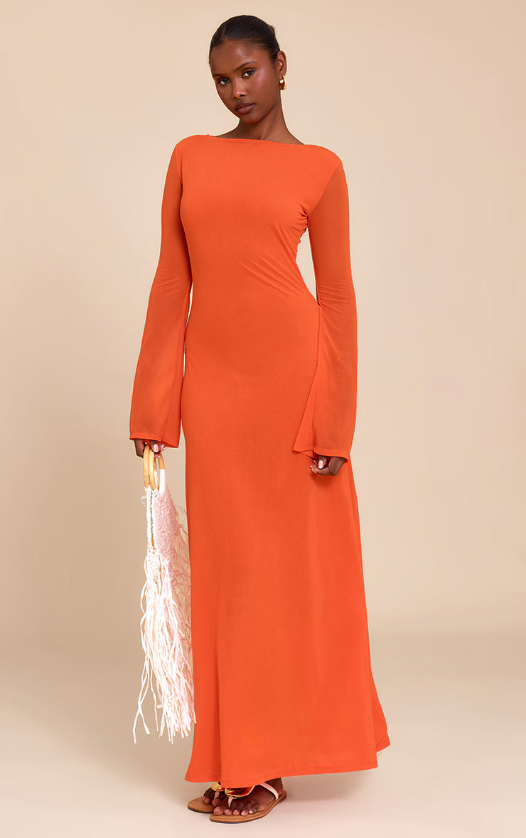 Red Chiffon Boat Neck Long Sleeve Maxi Dress