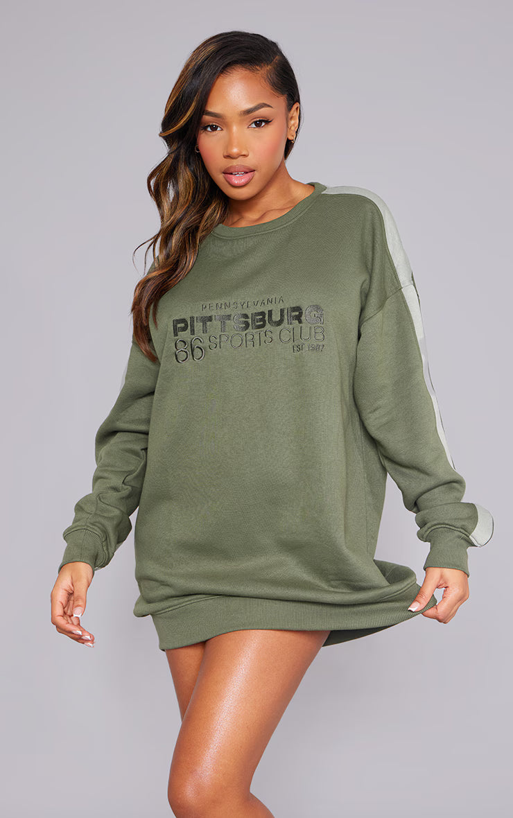 Khaki Pennsylvania Graphic Embroidered Sweater Dress