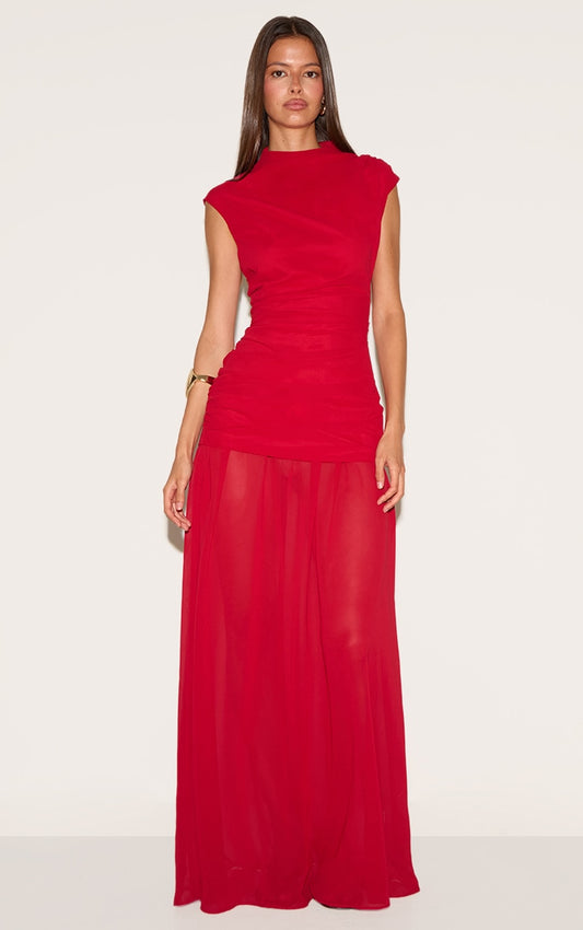 Red Chiffon Ruched Dropped Waist Sleeveless Maxi Dress