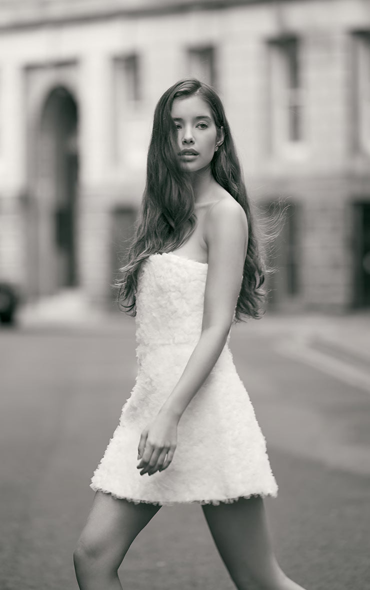 Premium White Tulle Floral Ruffle A-line Dress