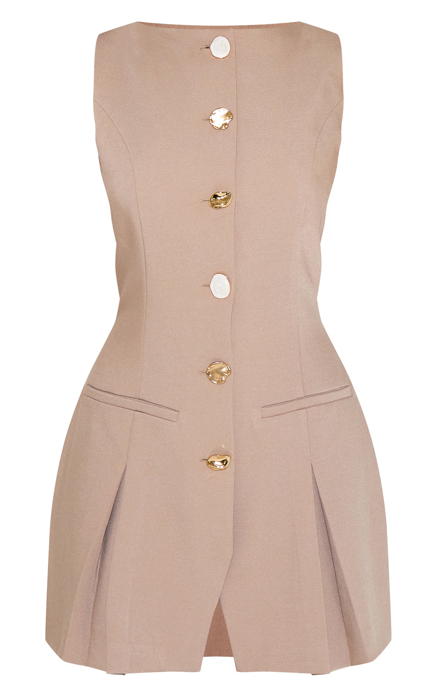 Camel Abstract Button Pleated Shift Dress