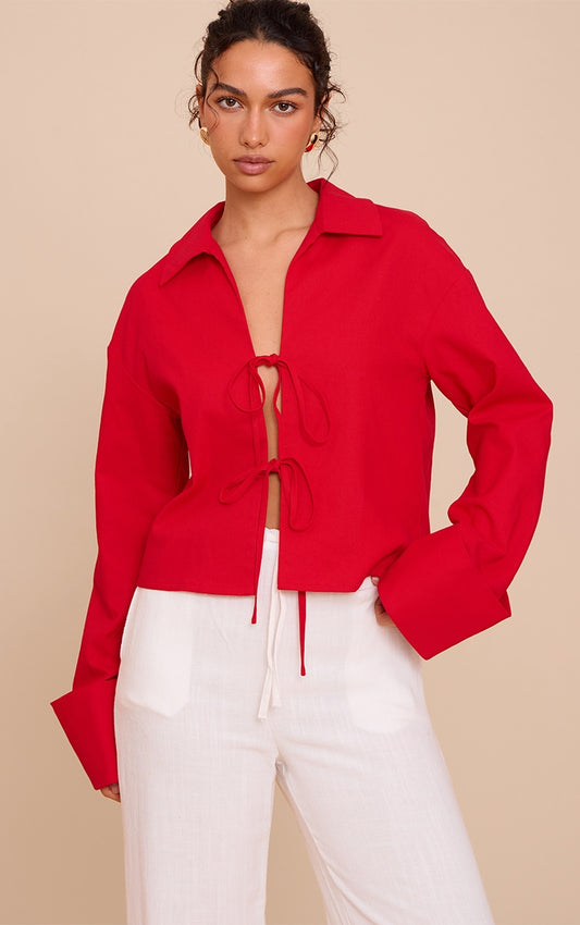 Tomato Tie Front Linen Look Collar Blazer