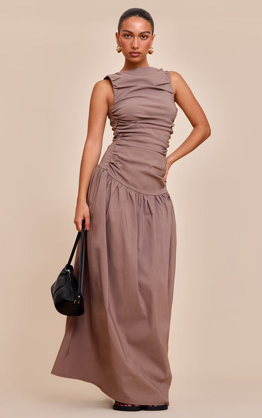 Taupe Stretch Woven Ruched Detail Drop Waist Maxi Dress