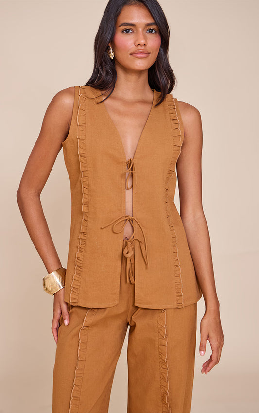 Tan Tie Front Linen Look Sleeveless Top