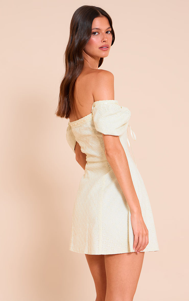 Cream Broderie Puff Sleeve A-line Mini Dress