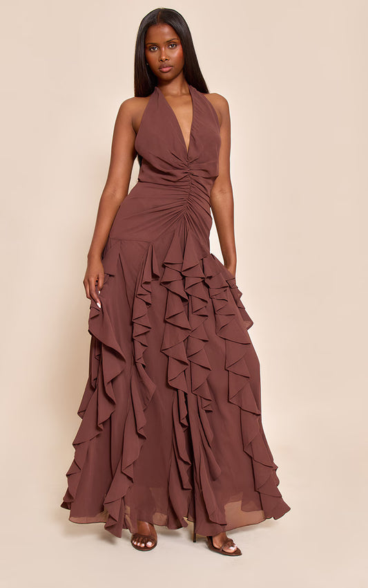 Chocolate Plunge Ruched Frill Detail Maxi Dress