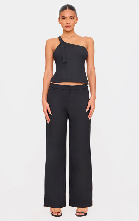 Black Woven Tailored Wide Leg Belt Detail Pants