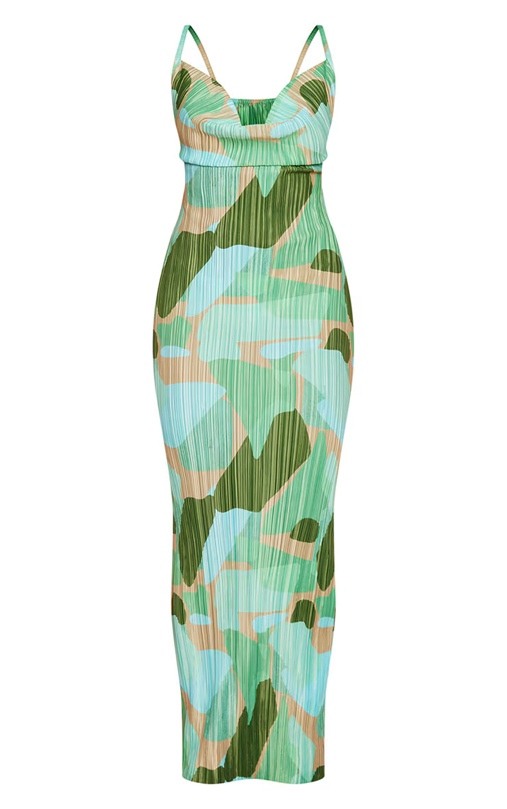 Green Abstract Print Plisse Strappy Maxi Dress