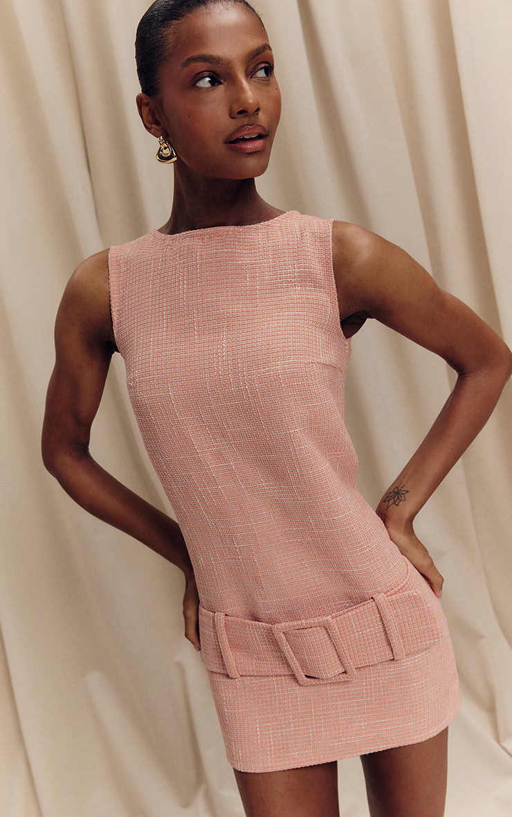 Peach Boucle Oversized Low Belt Shift Dress