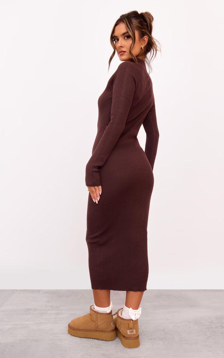 Chocolate Turtle Neck Knitted Bodycon Maxi Dress