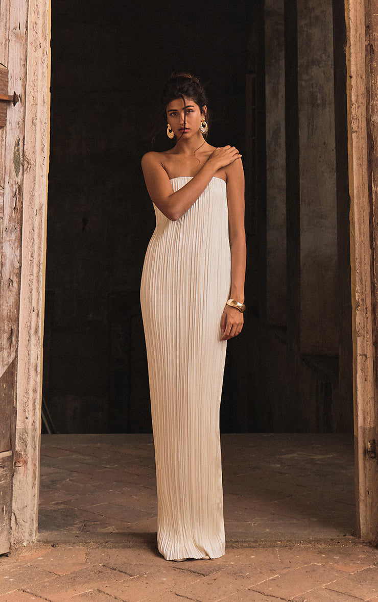 PLT Label Ivory Plisse Satin Column Bandeau Maxi Dress