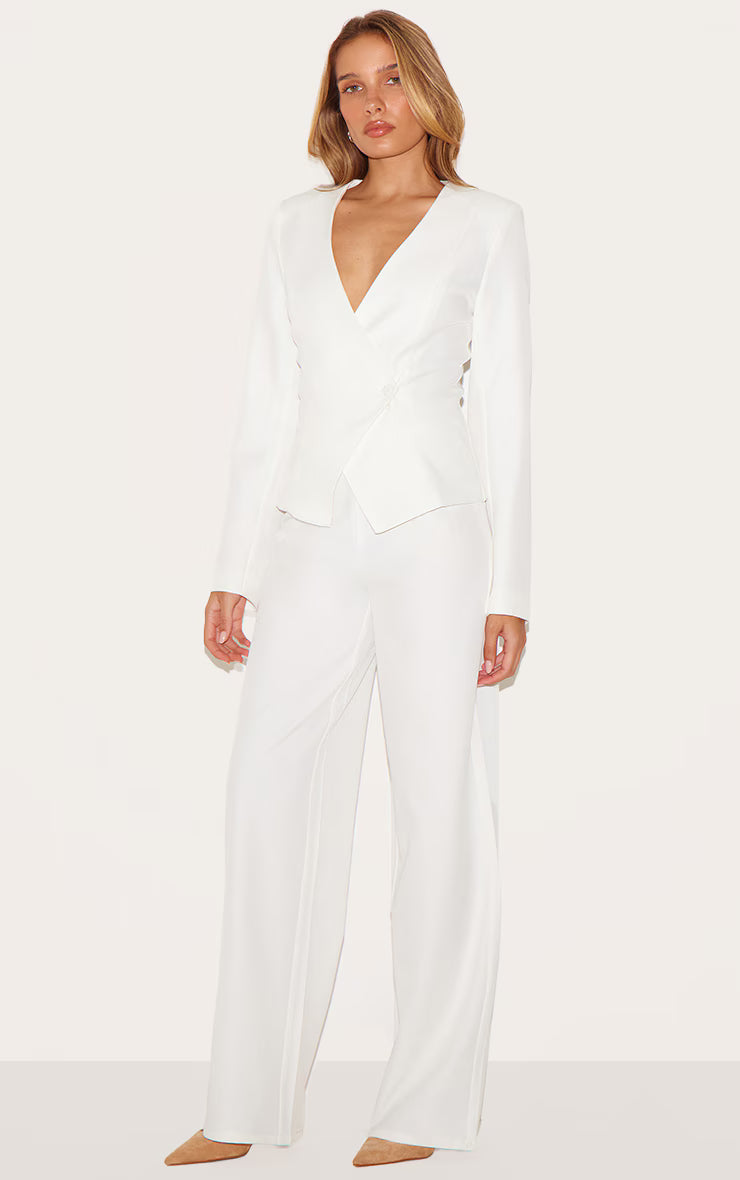 Cream Tailored Cinched Woven Asymmetric Blazer