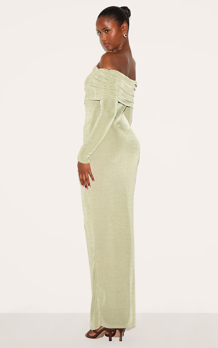 Sage Green Acetate Slinky Bardot Long Sleeve Maxi Dress