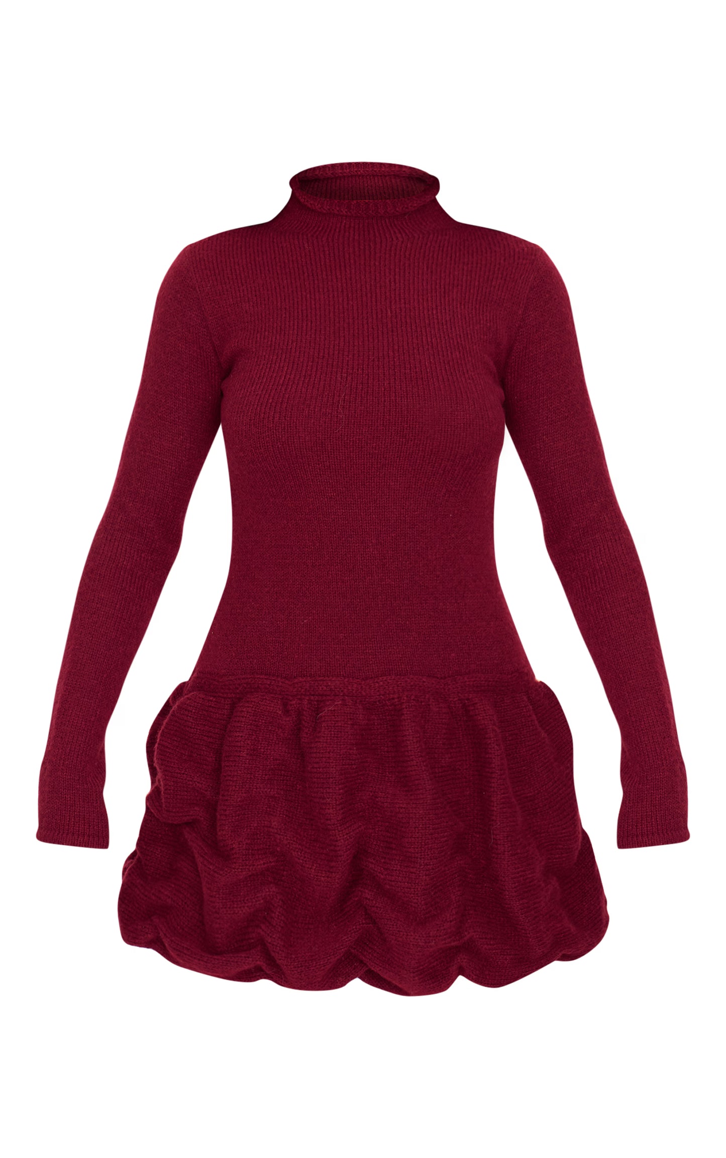 Burgundy High Neck Knitted Puffball Mini Dress