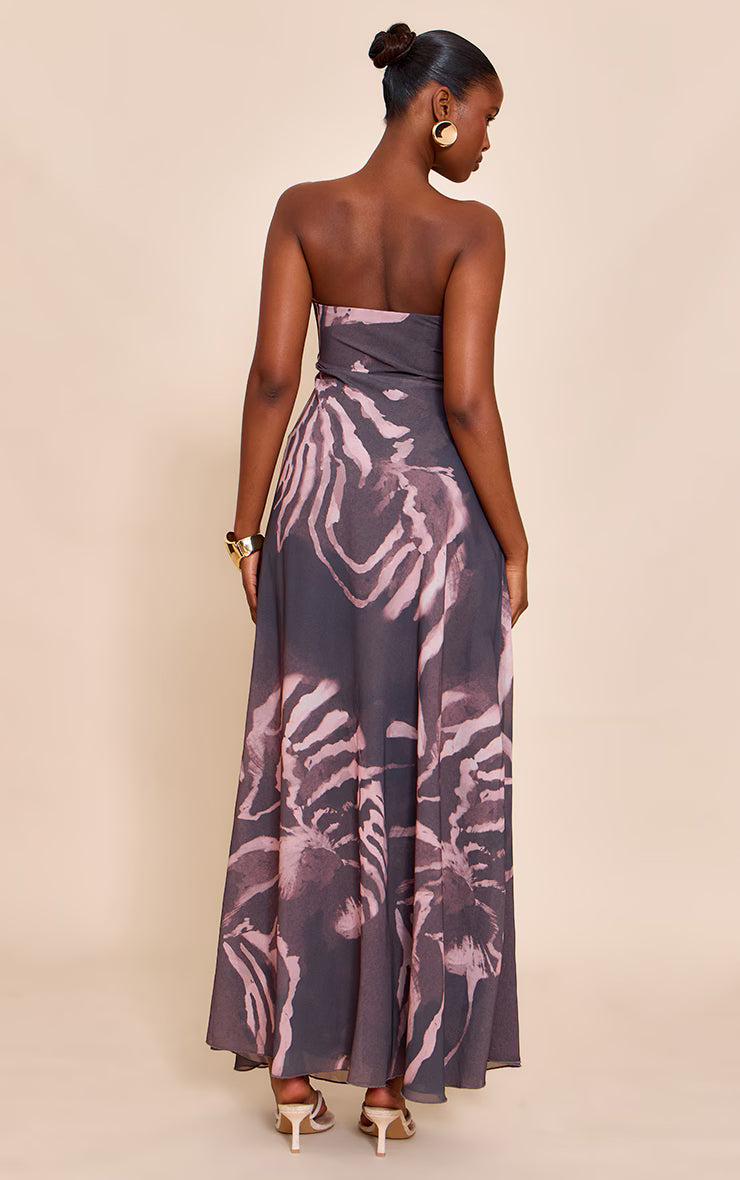 Dark Grey Abstract Printed Chiffon Bandeau Maxi Dress