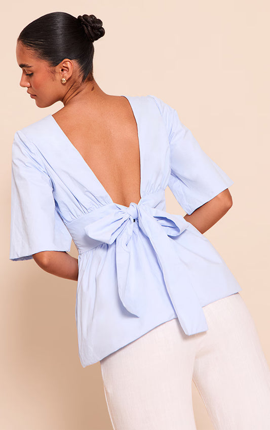 Sky Blue Cotton Short Sleeve Tie Back Blouse