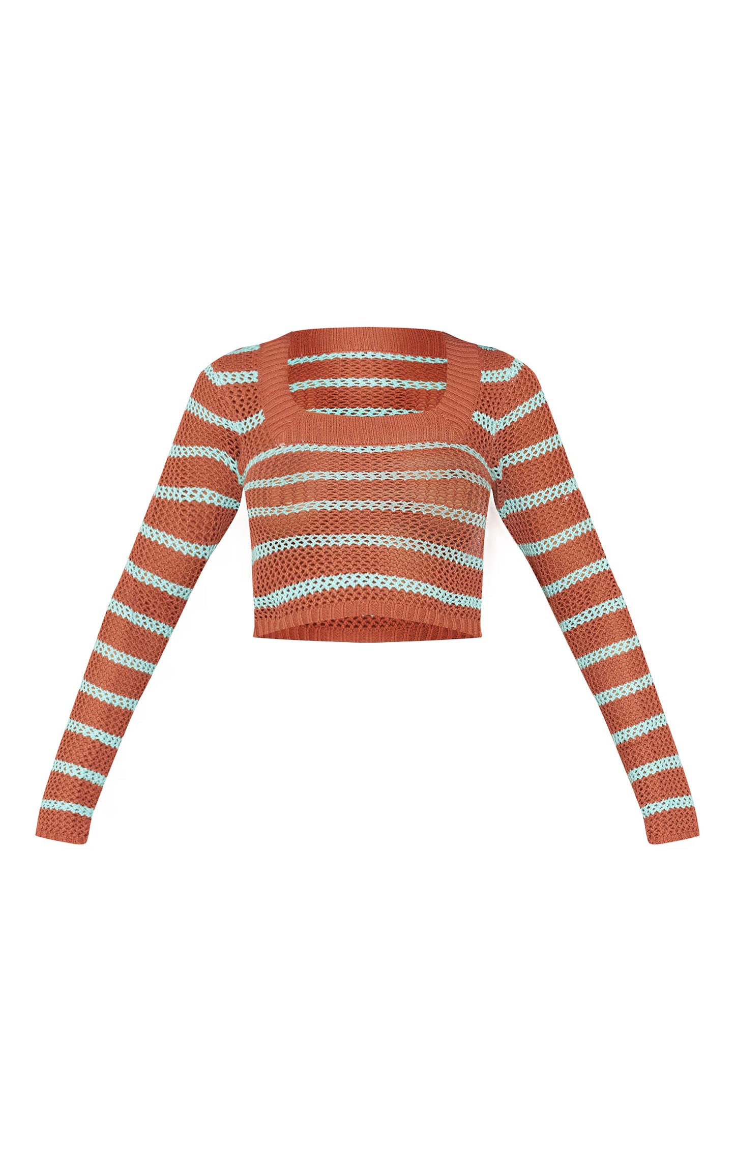 Mocha Stripe Crochet Knit Square Neck Long Sleeve Top