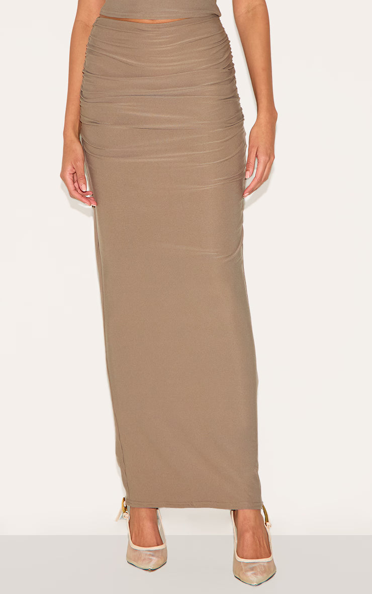 Mushroom Soft Touch Ruched Maxi Skirt