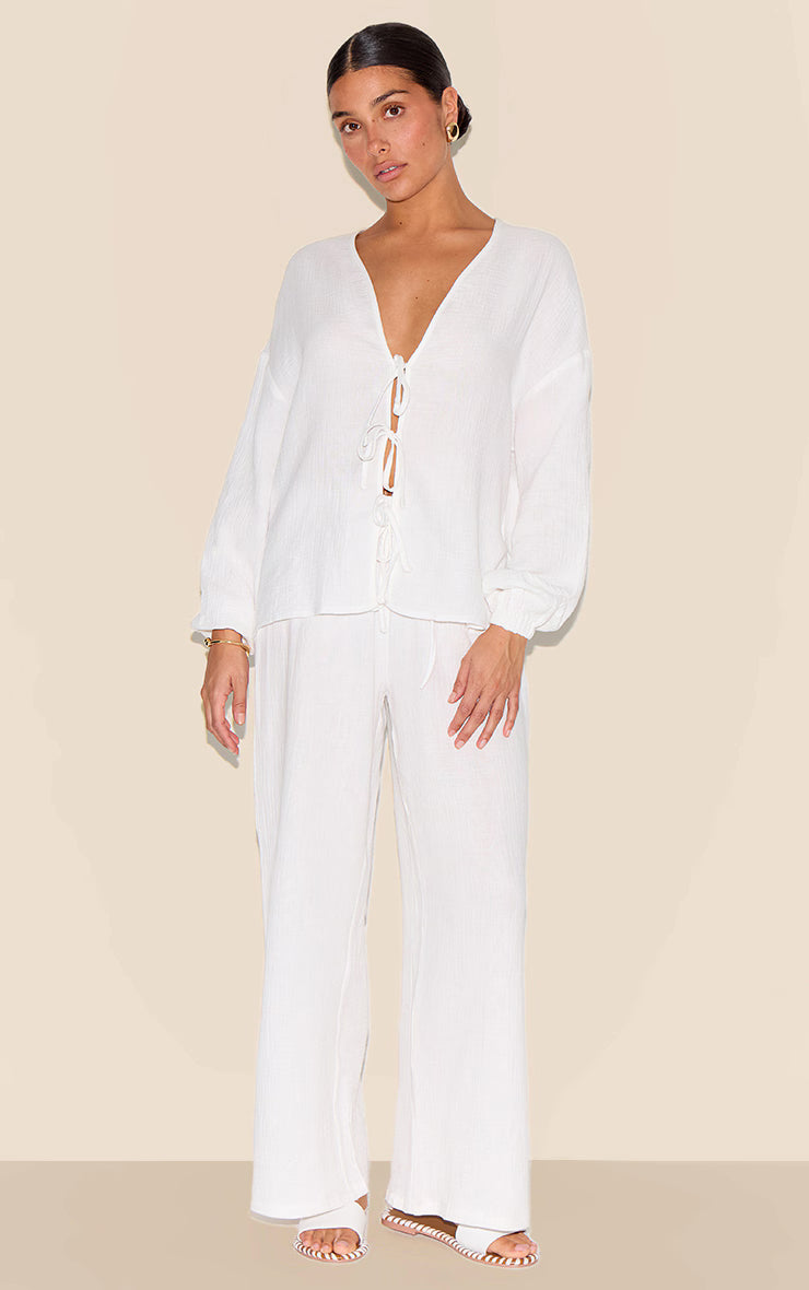 Petite White Cheesecloth Textured Tie Front Shirt
