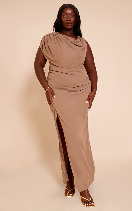 Plus Deep Taupe Chiffon Cowl Neck Maxi Dress
