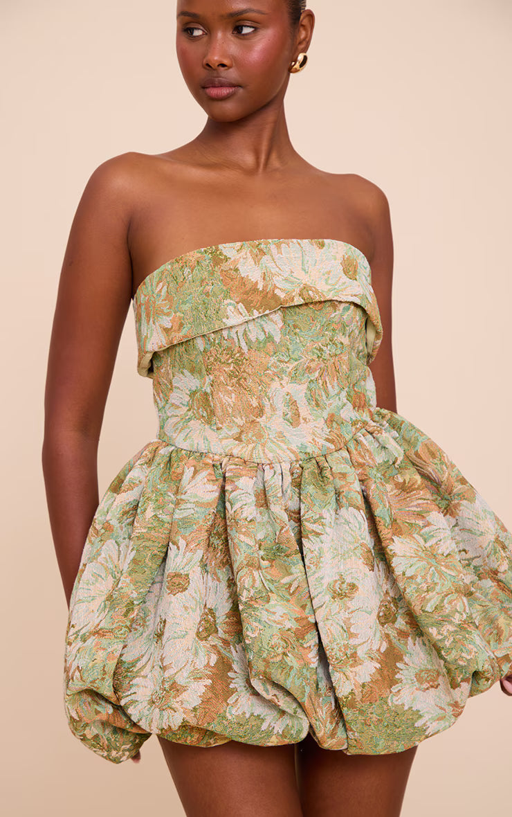Sage Floral Tapestry Bandeau Extreme Puffball Dress