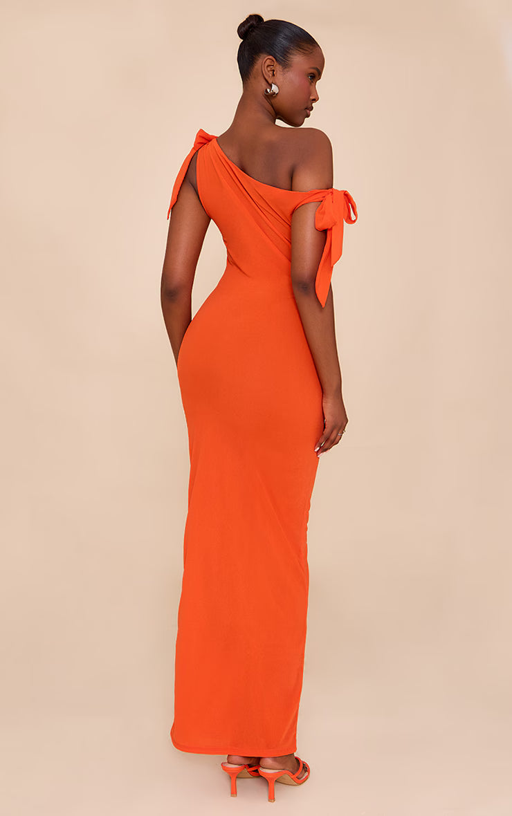 Red Chiffon Asymmetric Tie Detail Maxi Dress