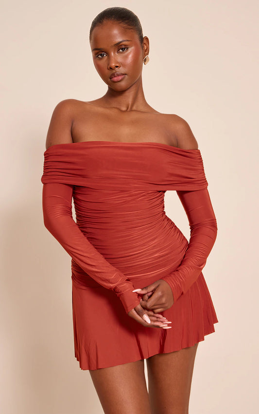 Rust Double Layer Slinky Long Sleeve Bardot Mini Dress