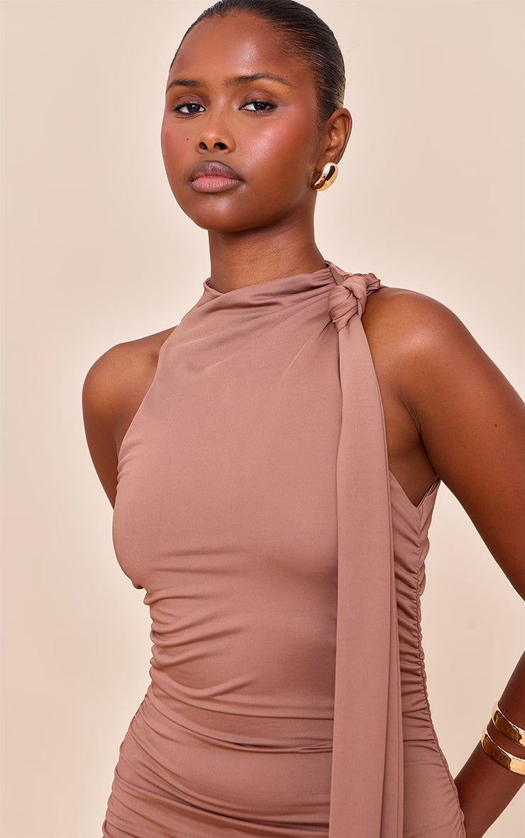 Brown Soft Touch Knot Wrap Mini Dress
