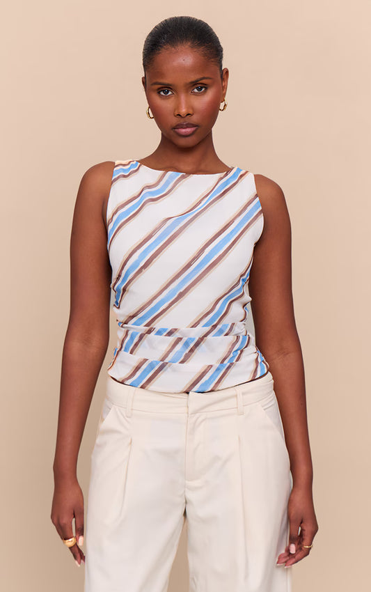 Blue Stripe Ruched Long Top