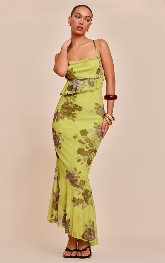 Green Floral Mesh Frill Cowl Back Maxi Dress