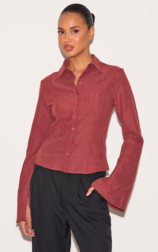 Burgundy Striped Peach Skin Fitted Shirt