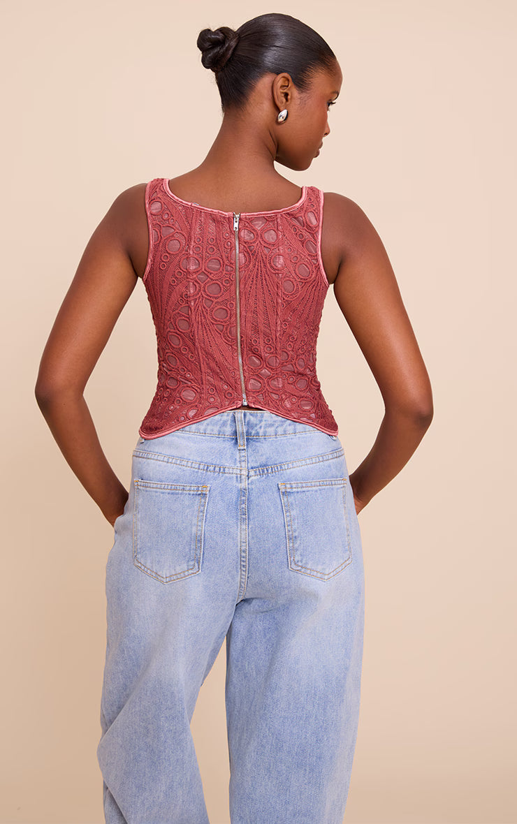 Rose Textured Sheer Floral Square Neck Corset