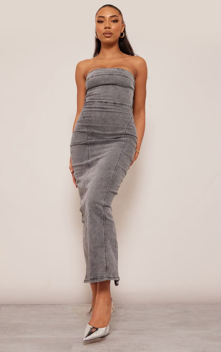 Tall Black Bandeau Stretch Denim Midaxi Dress